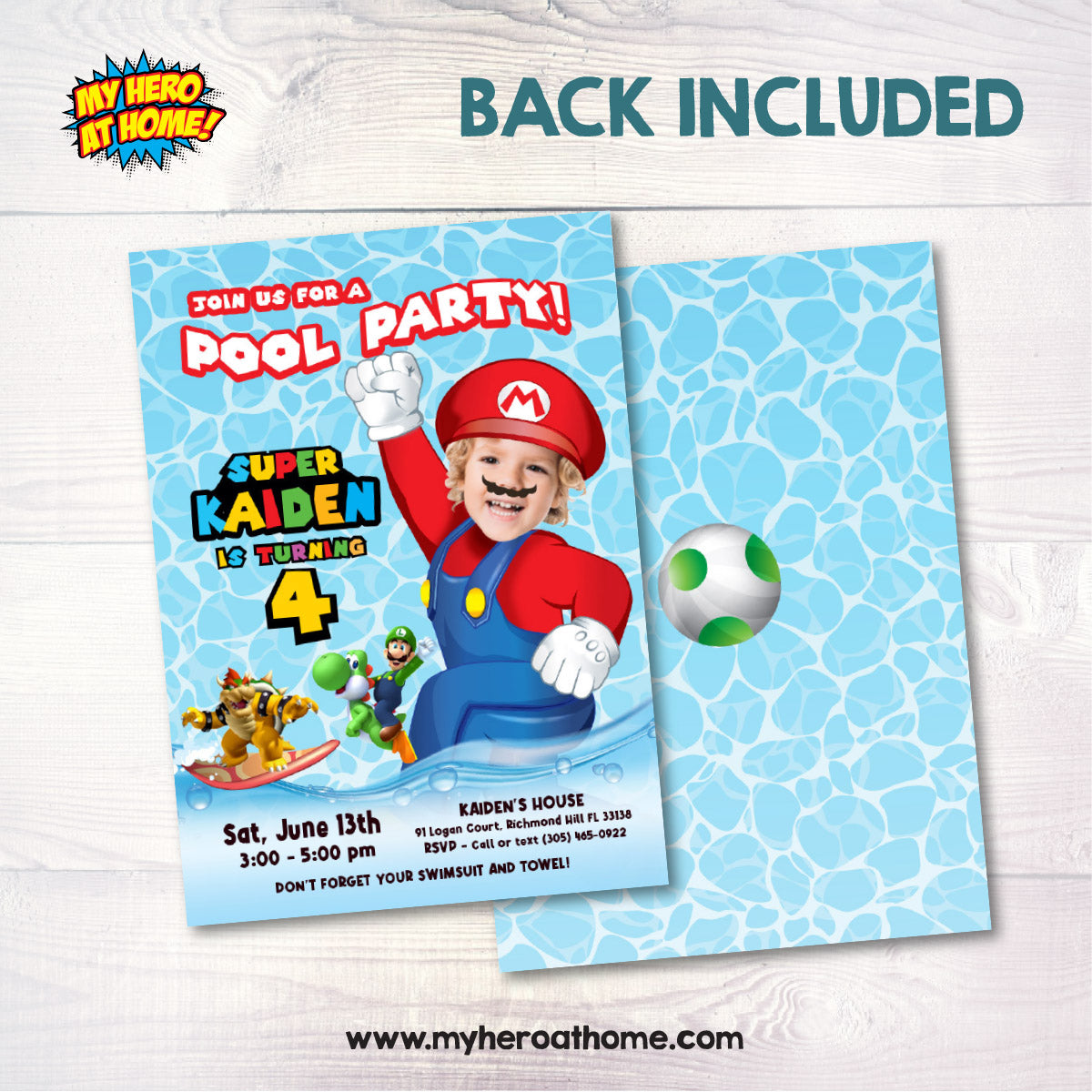 Custom Super Mario Pool Party Birthday Invitation with child as the star. 2434IN