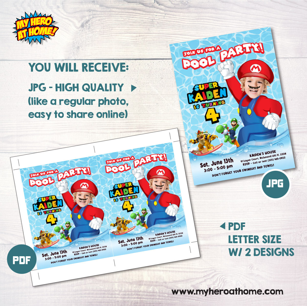 Custom Super Mario Pool Party Birthday Invitation with child as the star. 2434IN