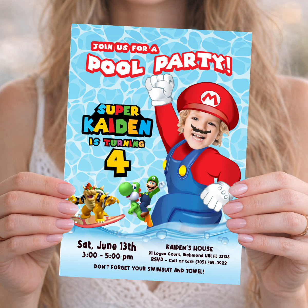 Custom Super Mario Pool Party Birthday Invitation with child as the star. 2434IN