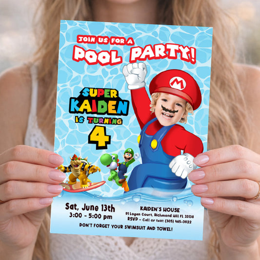 Custom Super Mario Pool Party Birthday Invitation with child as the star. 2434IN