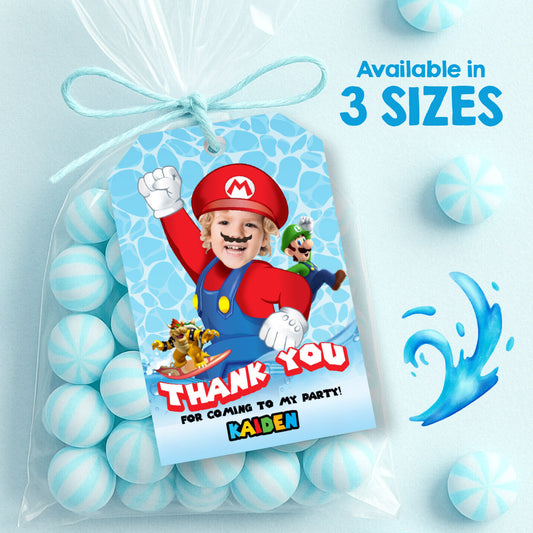 Super Mario Pool Party Favor Tags and Thank You customized with photo. 2434TY
