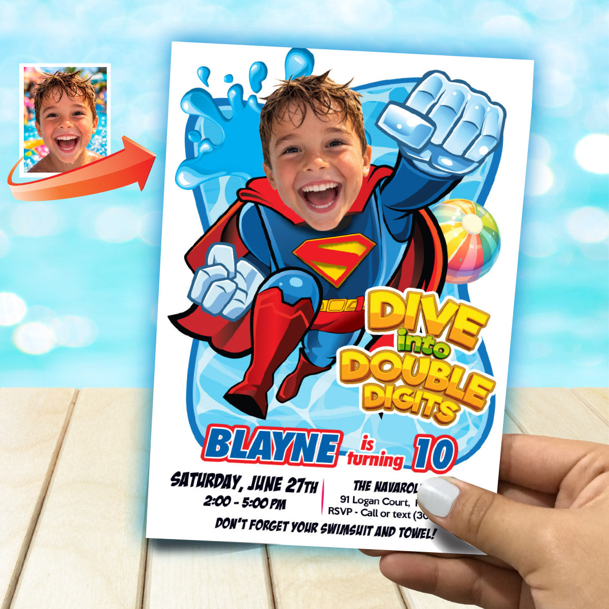 Superman Dive into Age Party Birthday Invitation with photo, Superman Water Party. 2435BIN