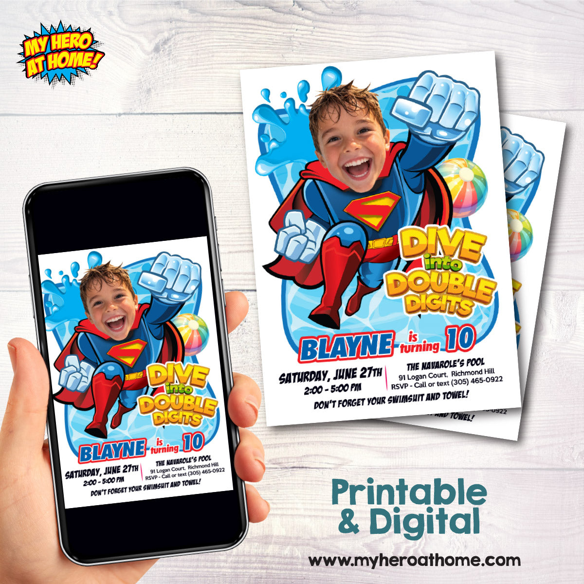 Superman Dive into Age Party Birthday Invitation with photo, Superman Water Party. 2435BIN