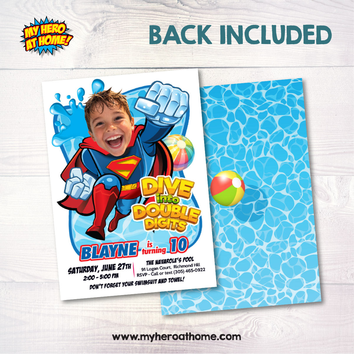 Superman Dive into Age Party Birthday Invitation with photo, Superman Water Party. 2435BIN