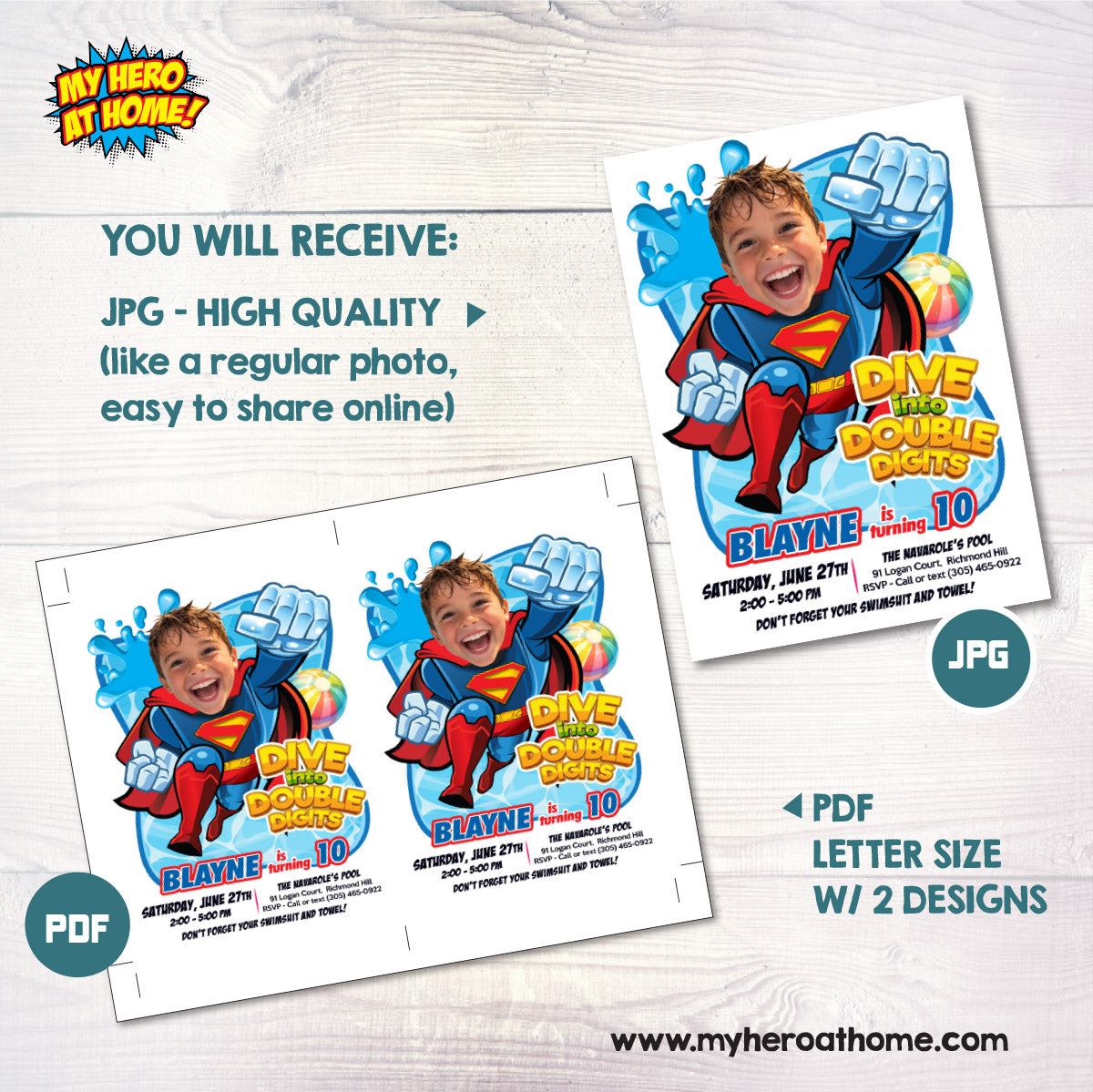 Superman Dive into Age Party Birthday Invitation with photo, Superman Water Party. 2435BIN