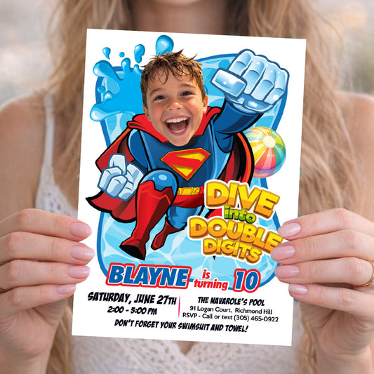 Superman Dive into Age Party Birthday Invitation with photo, Superman Water Party. 2435BIN