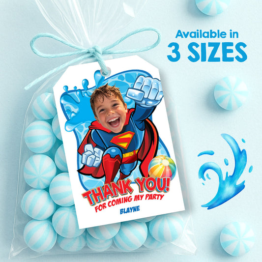 Personalized Pool Party Superman Favor tags and Thank you with boy as the star. 2435BTY