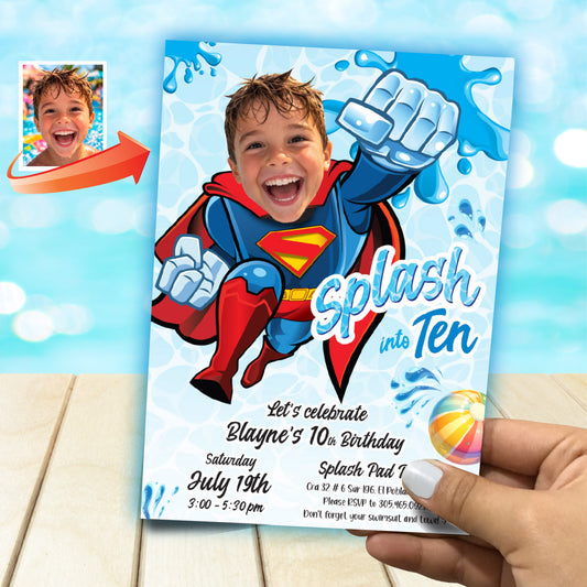 Personalized Superman Splash Party Invite with photo, Superman Splash into age. 2435CIN