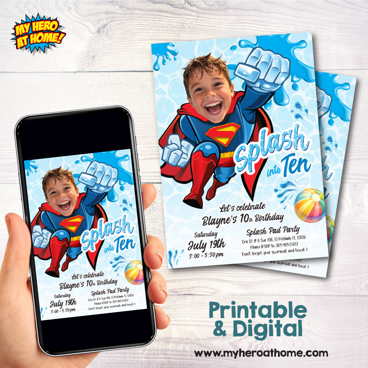 Personalized Superman Splash Party Invite with photo, Superman Splash into age. 2435CIN