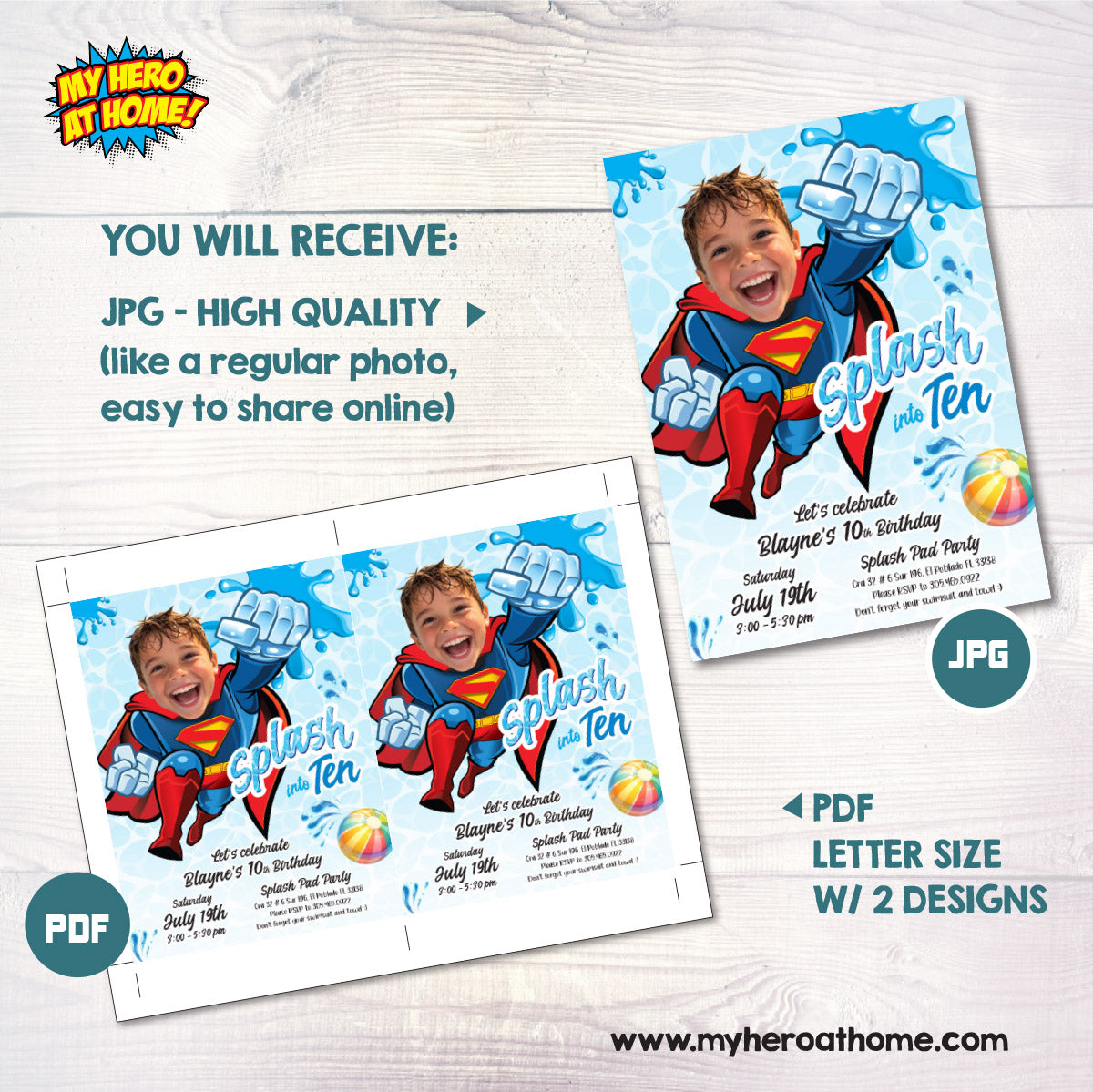 Personalized Superman Splash Party Invite with photo, Superman Splash into age. 2435CIN