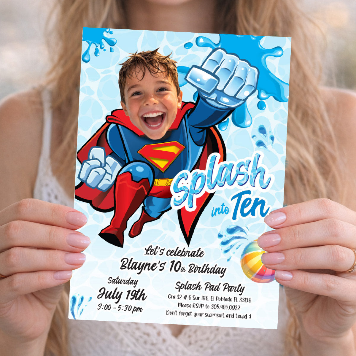 Personalized Superman Splash Party Invite with photo, Superman Splash into age. 2435CIN