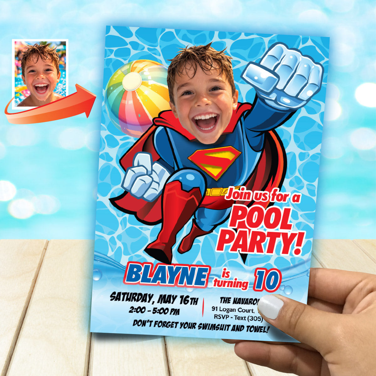 Superman Pool Party Birthday Invitation with photo, Superman Summer Party. 2435IN