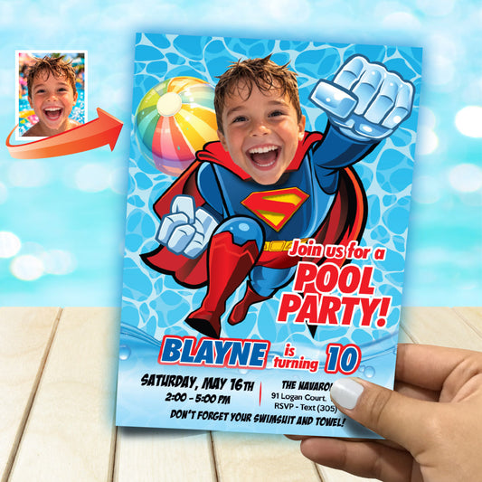 Superman Pool Party Birthday Invitation with photo, Superman Summer Party. 2435IN