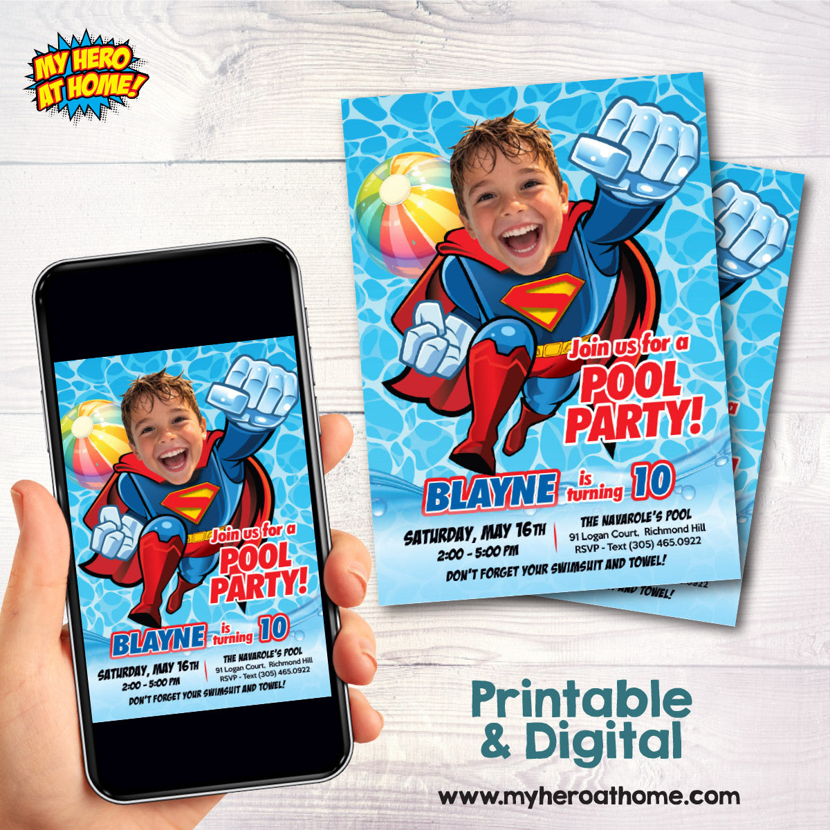 Superman Pool Party Birthday Invitation with photo, Superman Summer Party. 2435IN