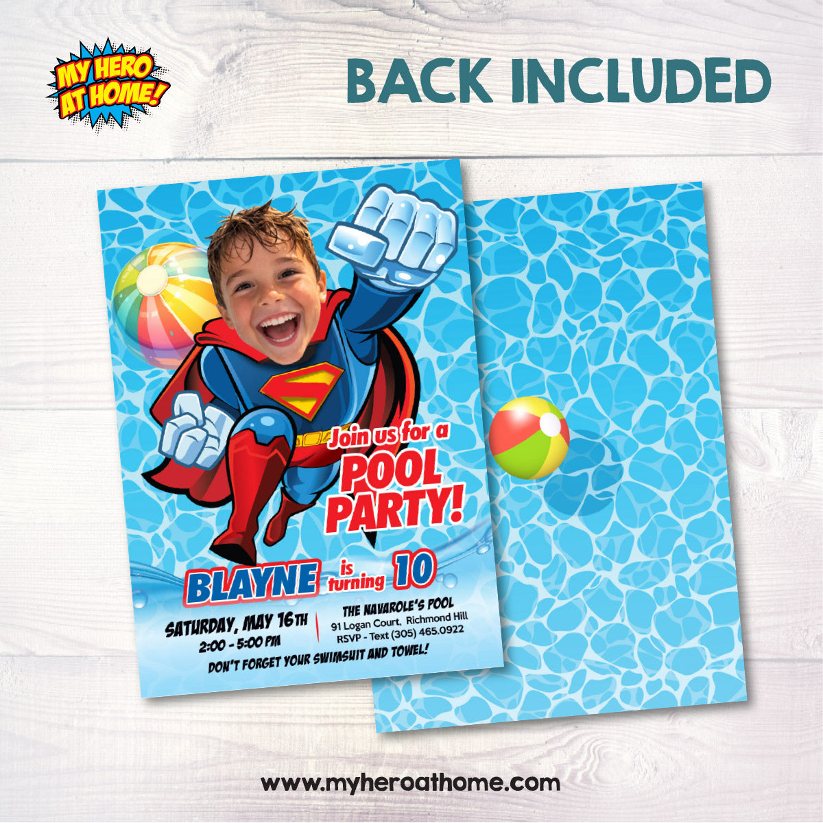 Superman Pool Party Birthday Invitation with photo, Superman Summer Party. 2435IN
