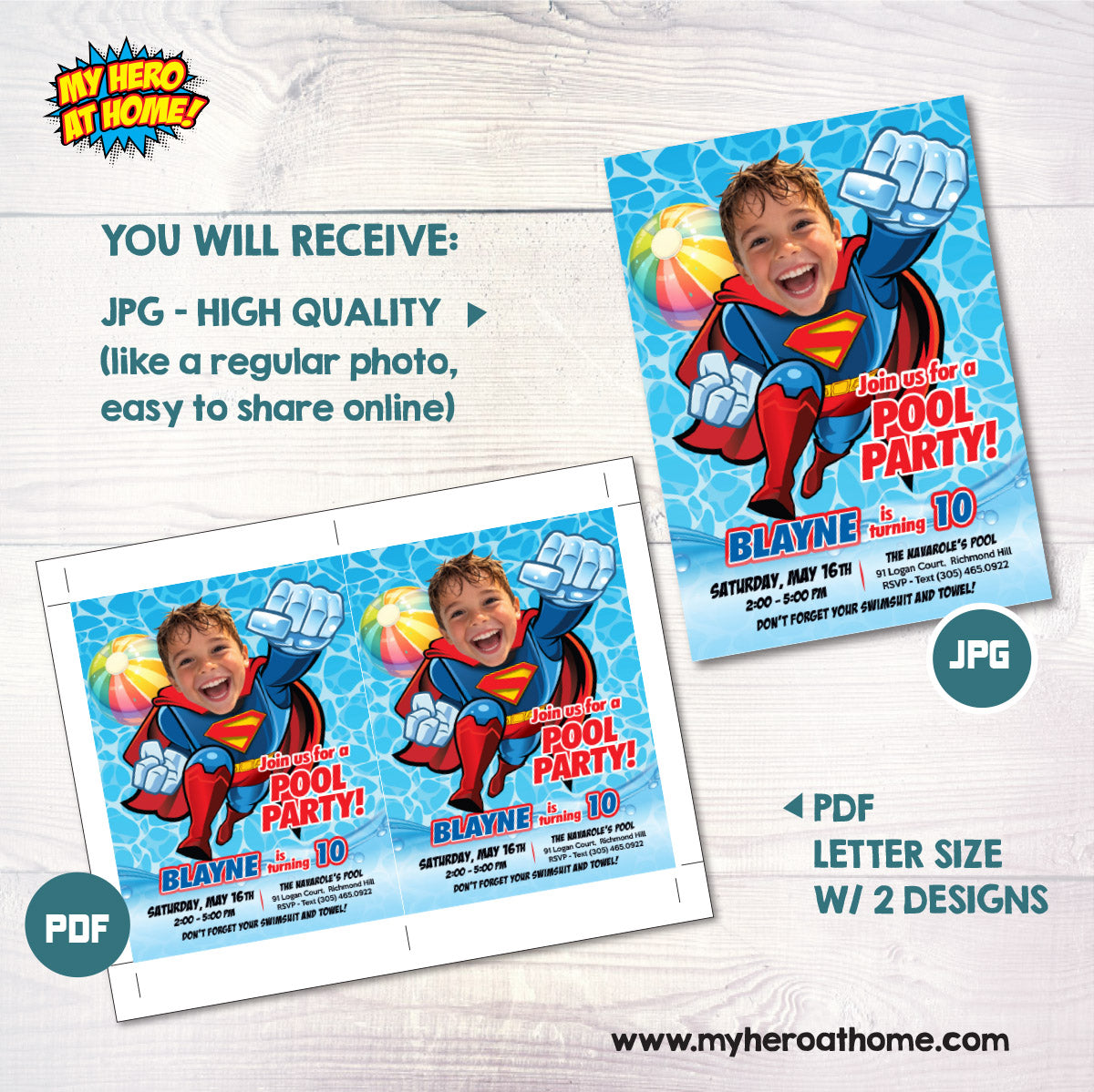 Superman Pool Party Birthday Invitation with photo, Superman Summer Party. 2435IN