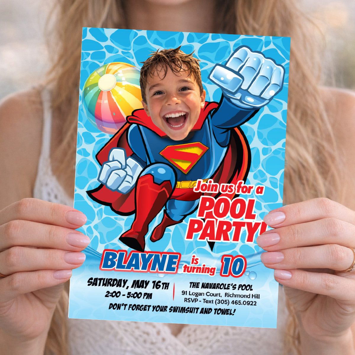 Superman Pool Party Birthday Invitation with photo, Superman Summer Party. 2435IN