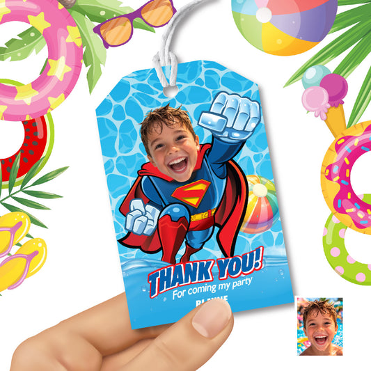 Superman Pool Party Favor tags and Thank you with birthday boy as the star. 2435TY
