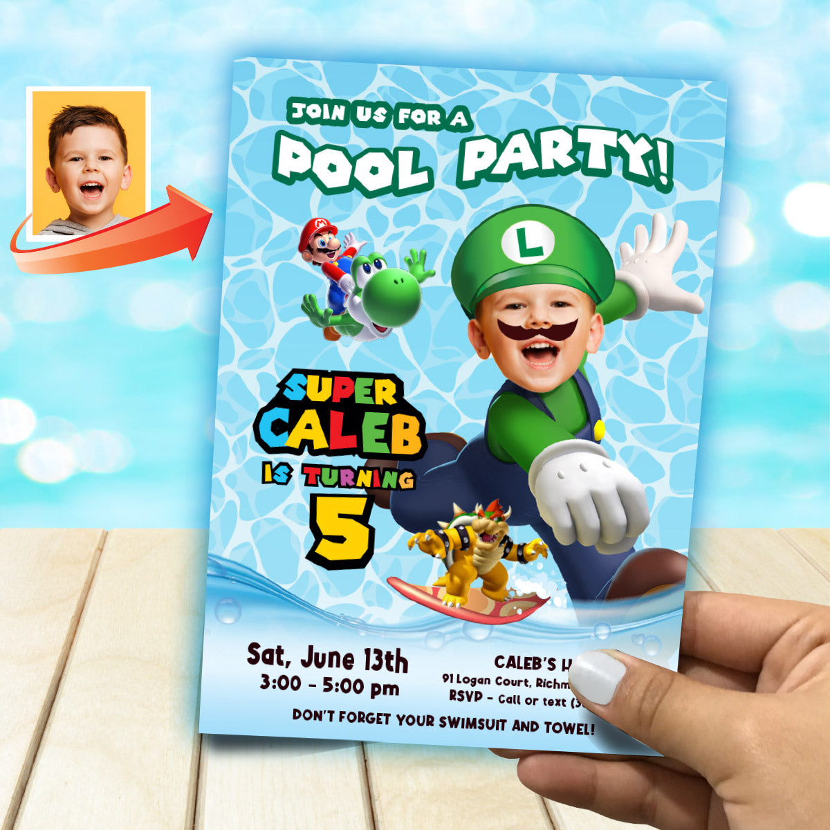 Custom Super Mario Luigi Pool Party Birthday Invitation with child as the star. 2436IN