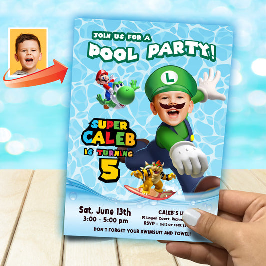 Custom Super Mario Luigi Pool Party Birthday Invitation with child as the star. 2436IN