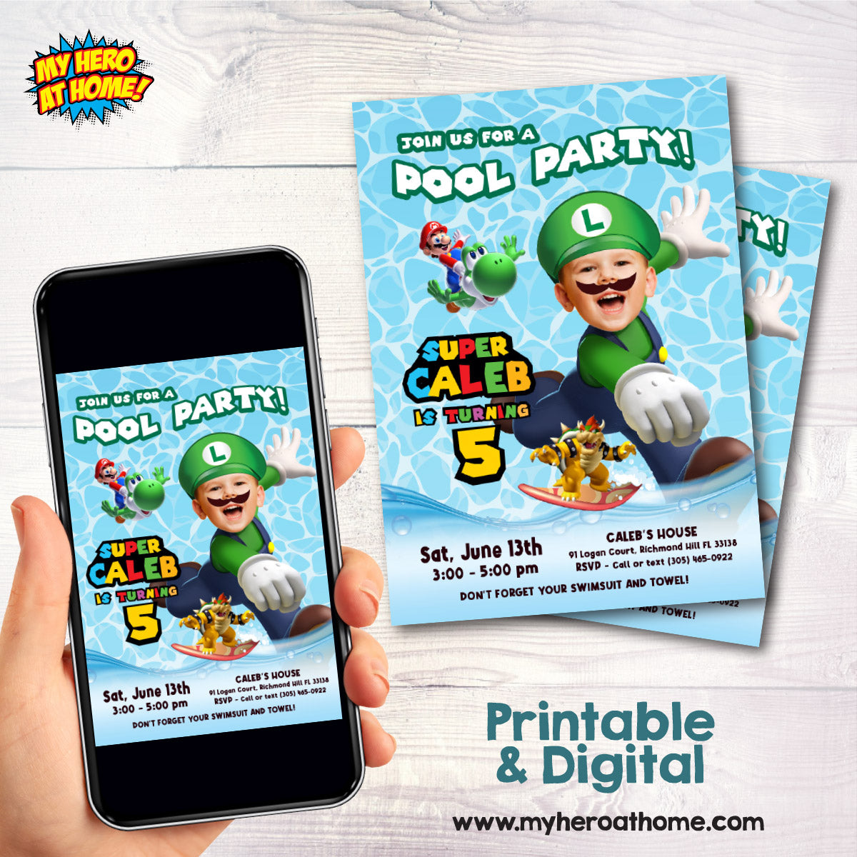 Custom Super Mario Luigi Pool Party Birthday Invitation with child as the star. 2436IN