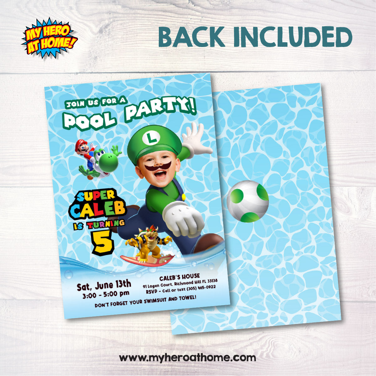 Custom Super Mario Luigi Pool Party Birthday Invitation with child as the star. 2436IN