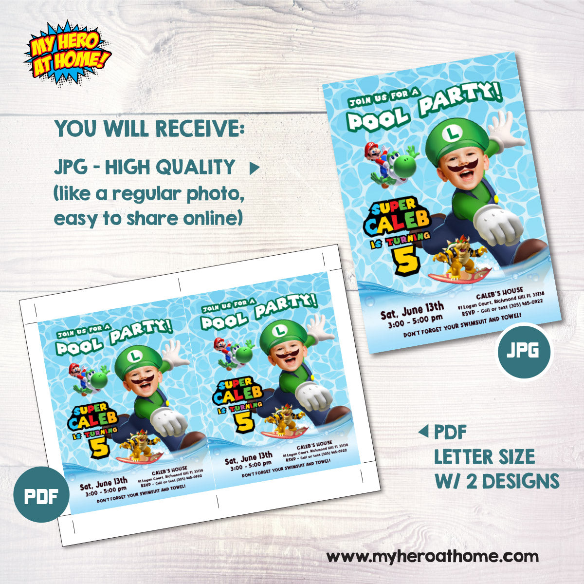 Custom Super Mario Luigi Pool Party Birthday Invitation with child as the star. 2436IN
