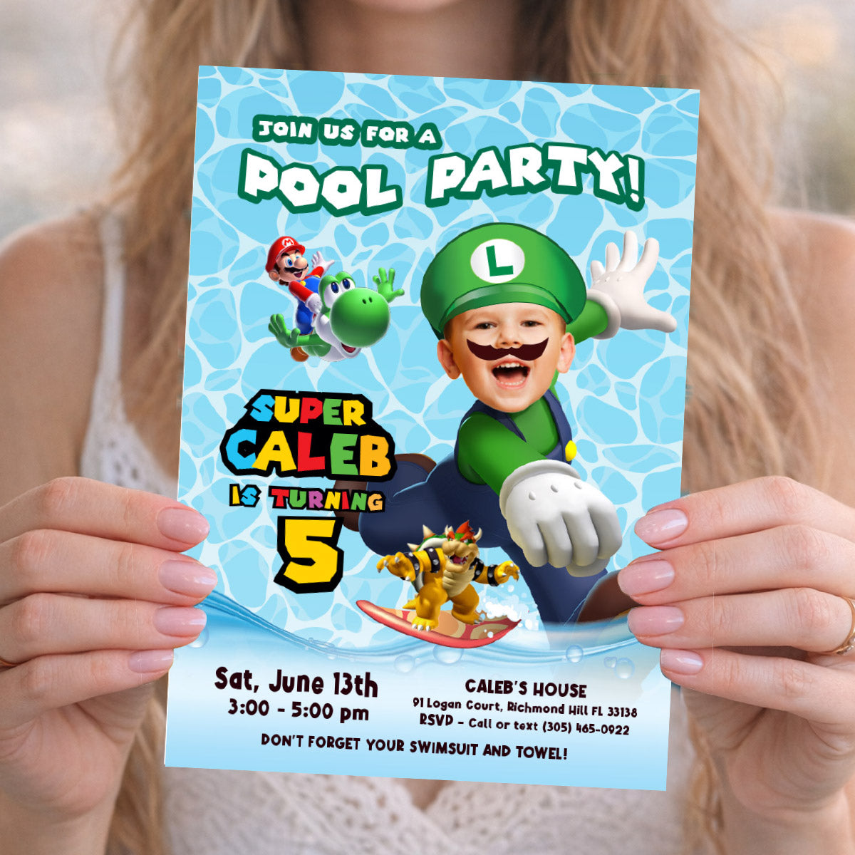 Custom Super Mario Luigi Pool Party Birthday Invitation with child as the star. 2436IN
