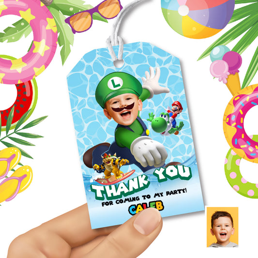 Super Mario Luigi Pool Party Favor Tags and Thank You with photo. 2436TY