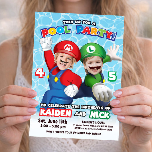 Joint Super Mario and Luigi Pool Party Birthday Invitation with children as the stars. 2437IN