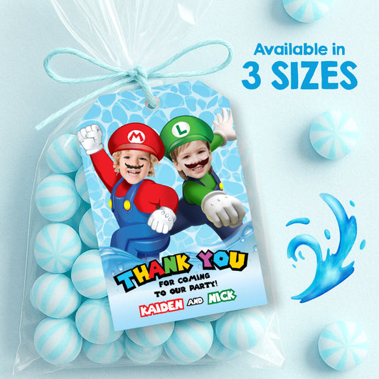 Joint Super Mario and Luigi Pool Party Favor Tags and Thank You customized with photos. 2437TY