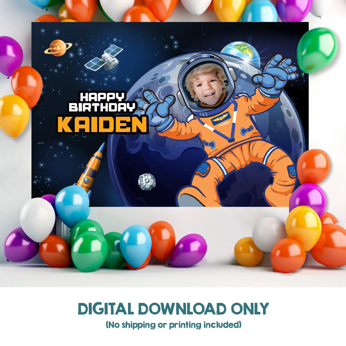 Custom Astronaut Party Banner with photo, Artemis Inspired Space Backdrop, Mission Birthday Decor. 2438BB