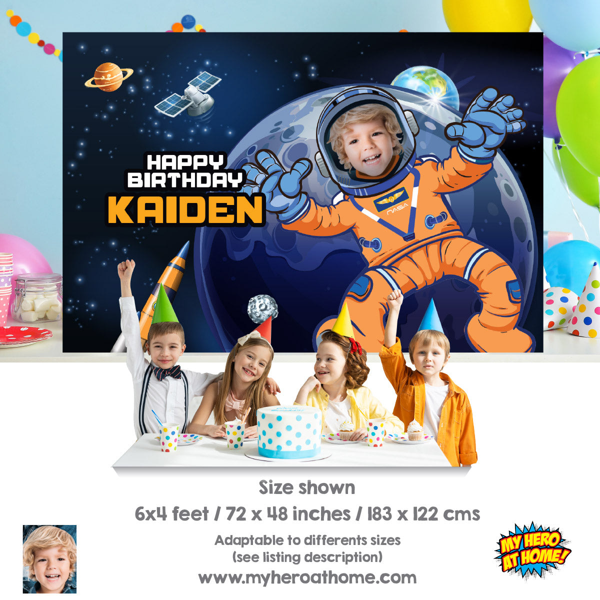 Custom Astronaut Party Banner with photo, Artemis Inspired Space Backdrop, Mission Birthday Decor. 2438BB