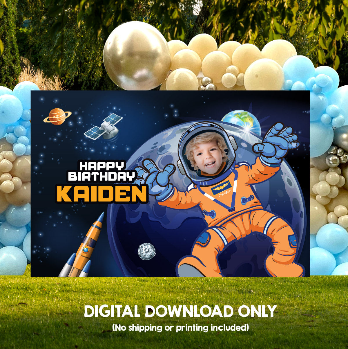 Custom Astronaut Party Banner with photo, Artemis Inspired Space Backdrop, Mission Birthday Decor. 2438BB