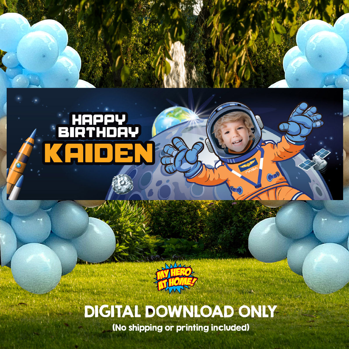 Personalized Astronaut Birthday Banner with photo, Artemis Mission Birthday Decor. 2438BBH