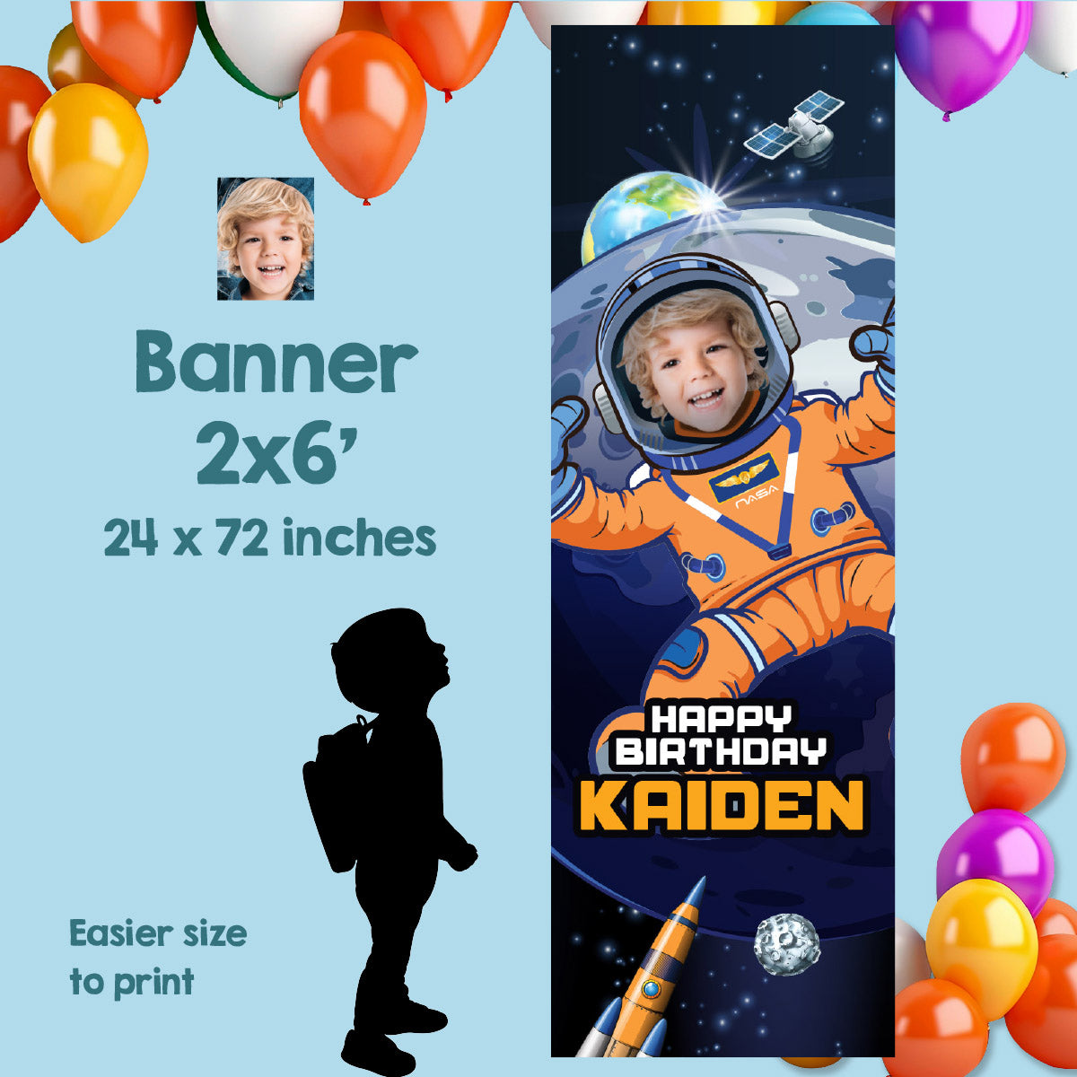 Astronaut Vertical Banner with photo, Artemis Mission Birthday Decor Portrait orientation. 2438BBV