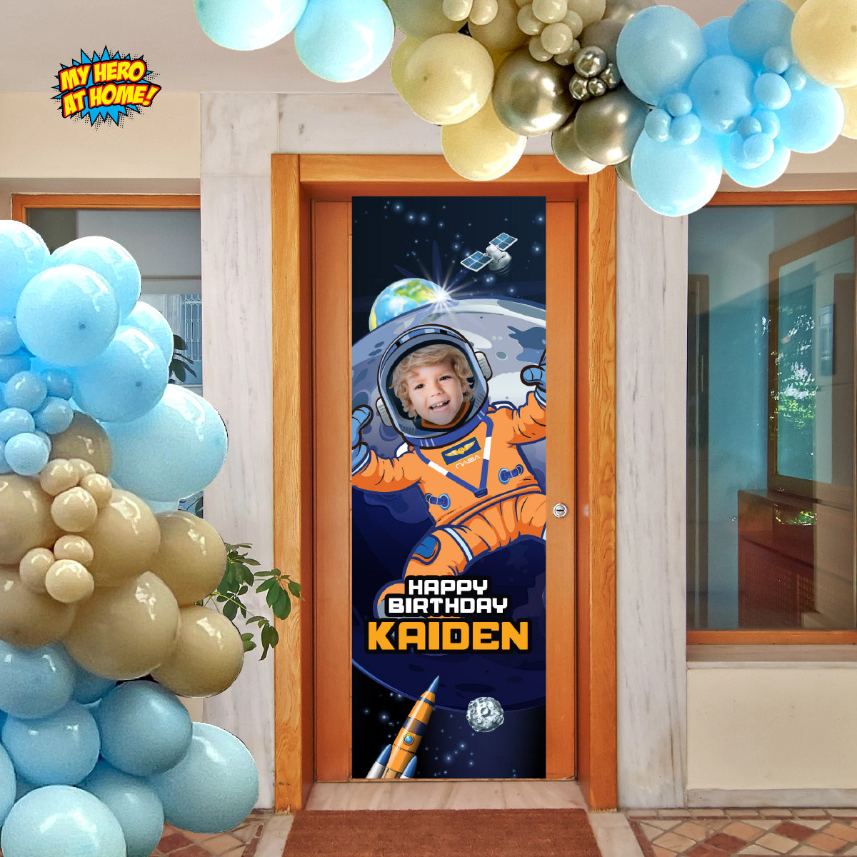 Astronaut Vertical Banner with photo, Artemis Mission Birthday Decor Portrait orientation. 2438BBV