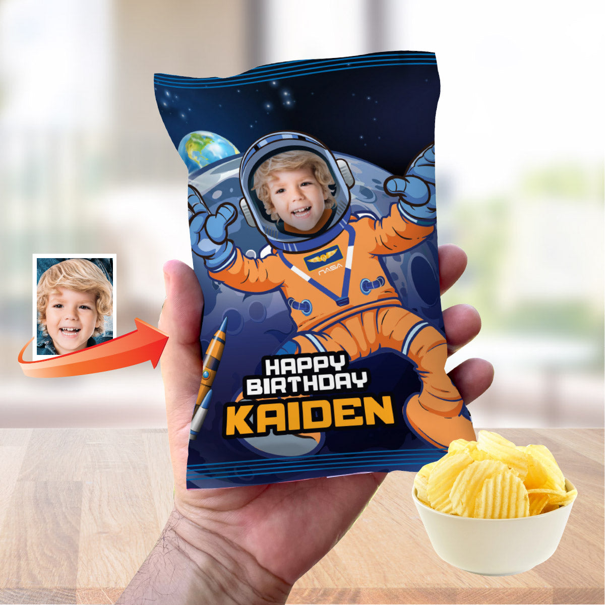 Astronaut Snacks Chip Bag Wrappers with photo, Outer Space Artemis Party Favors 2438CB