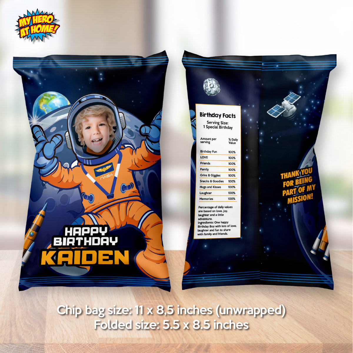 Astronaut Snacks Chip Bag Wrappers with photo, Outer Space Artemis Party Favors 2438CB