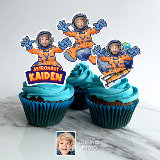 Personalized Astronaut Cupcake Toppers with Photo, Outer Space Artemis Mission Cupcakes. 2438CK