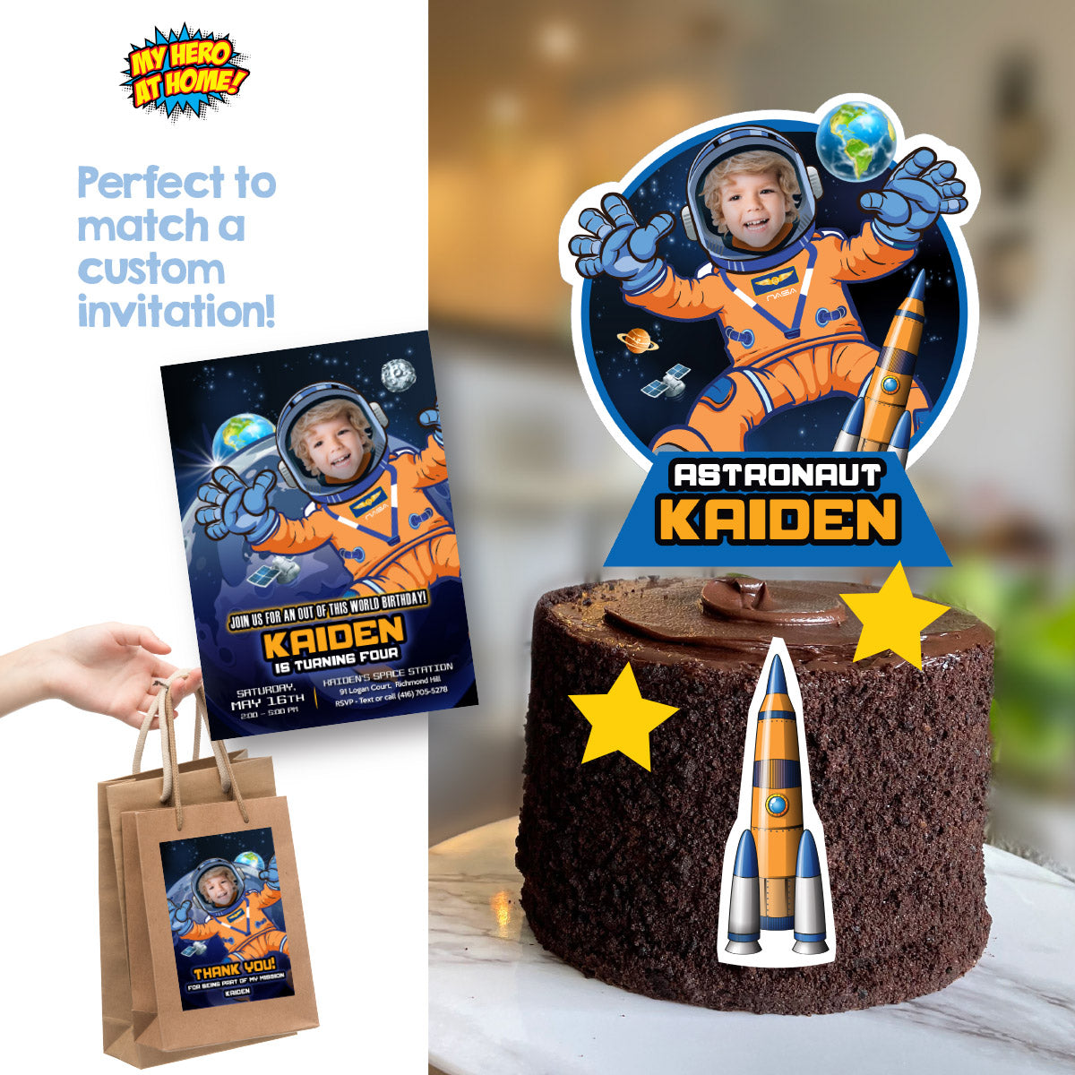 Custom Astronaut Cake topper featuring your birthday kid, Artemis Mission Cake. 2438CT1