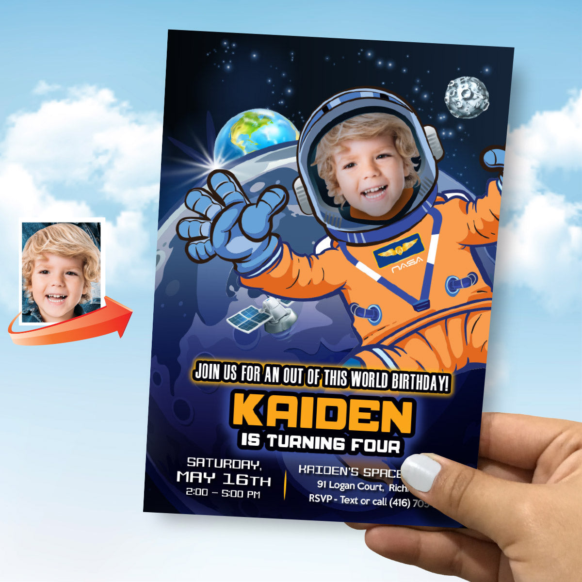 Custom Artemis Astronaut Birthday Party Invitation with child as the star. 2438IN