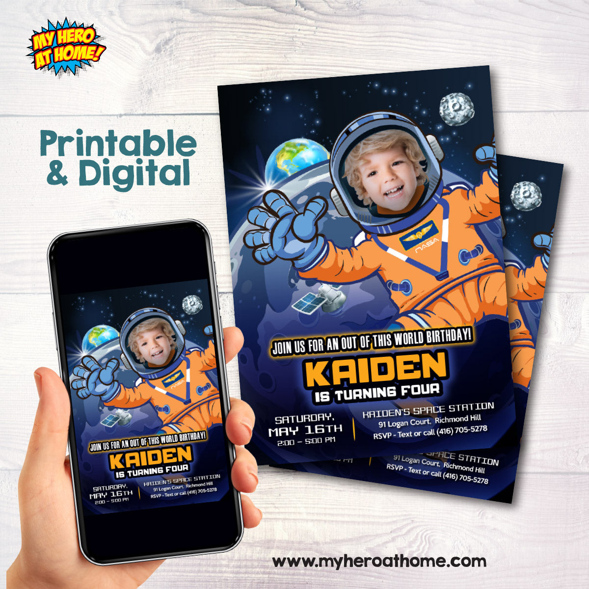 Custom Artemis Astronaut Birthday Party Invitation with child as the star. 2438IN