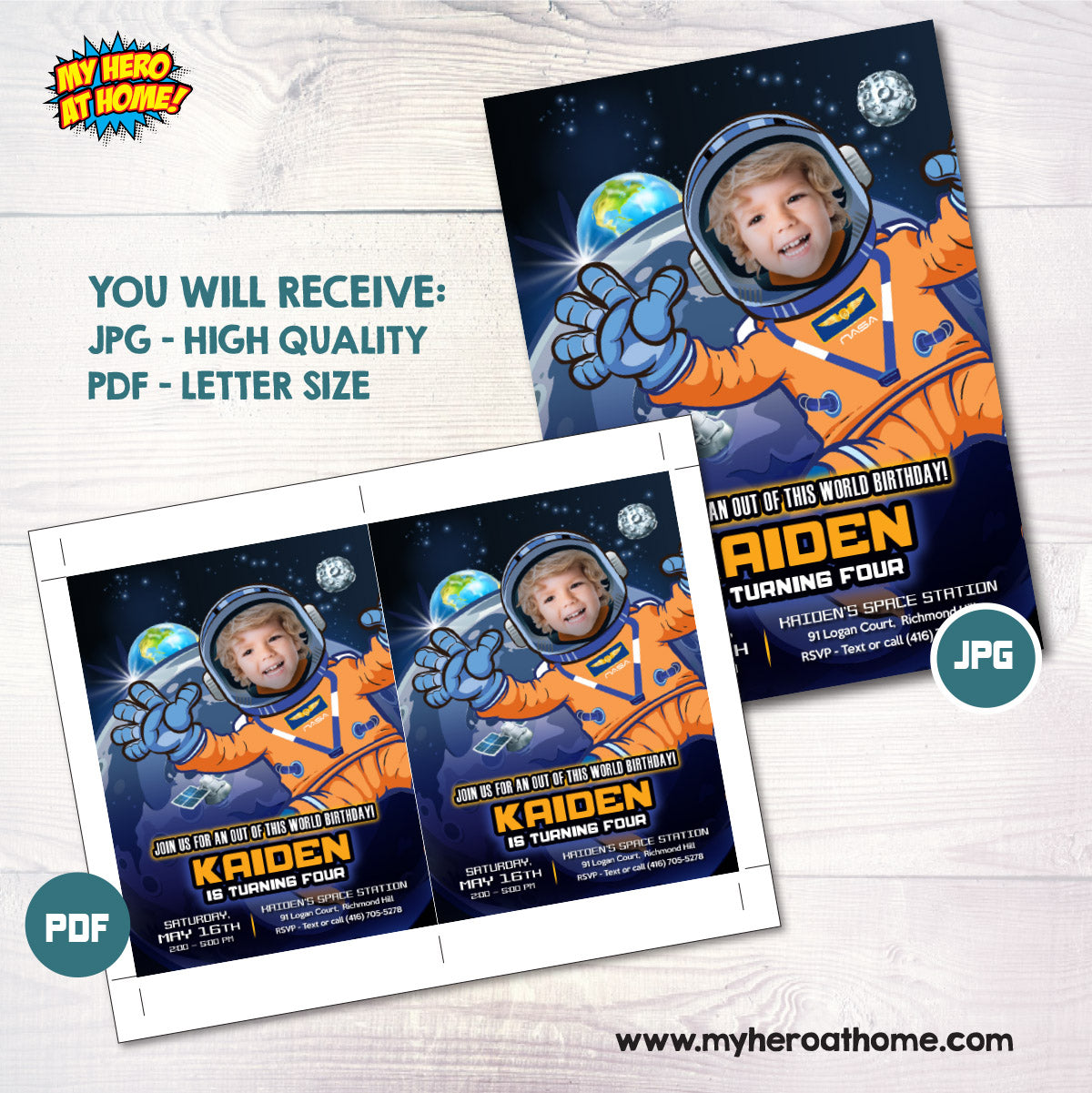Custom Artemis Astronaut Birthday Party Invitation with child as the star. 2438IN