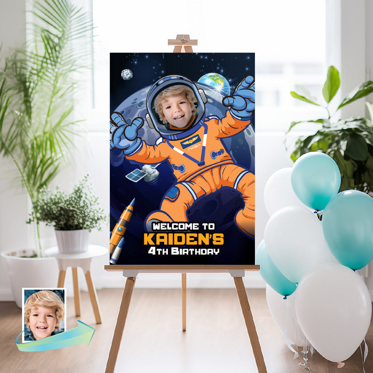 Astronaut Artemis Welcome sign with photo, Artemis Inspired Birthday Decor. 2438WS