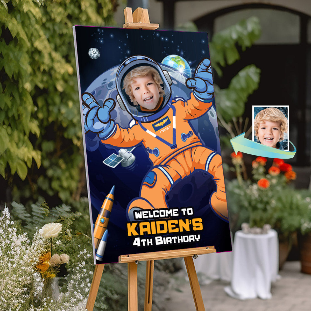 Astronaut Artemis Welcome sign with photo, Artemis Inspired Birthday Decor. 2438WS