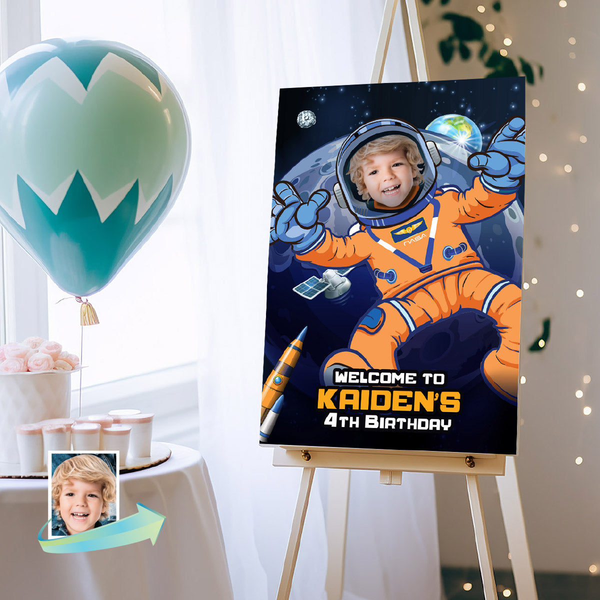 Astronaut Artemis Welcome sign with photo, Artemis Inspired Birthday Decor. 2438WS
