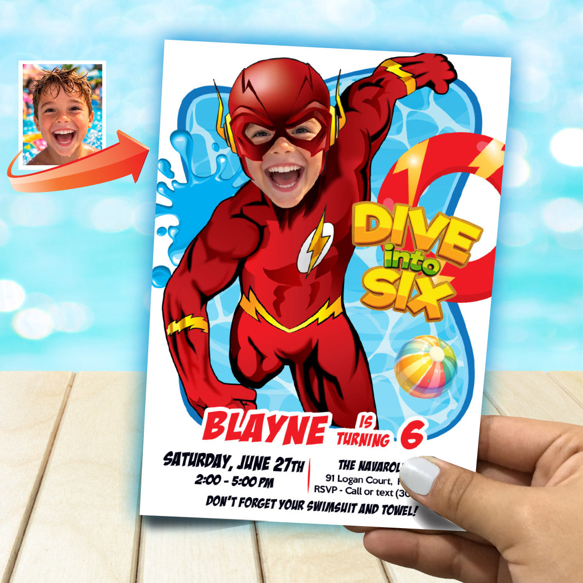 Flash Dive into Age Pool Party Invitation Design with kid as Flash, Flash Diving Party. 2443IN2