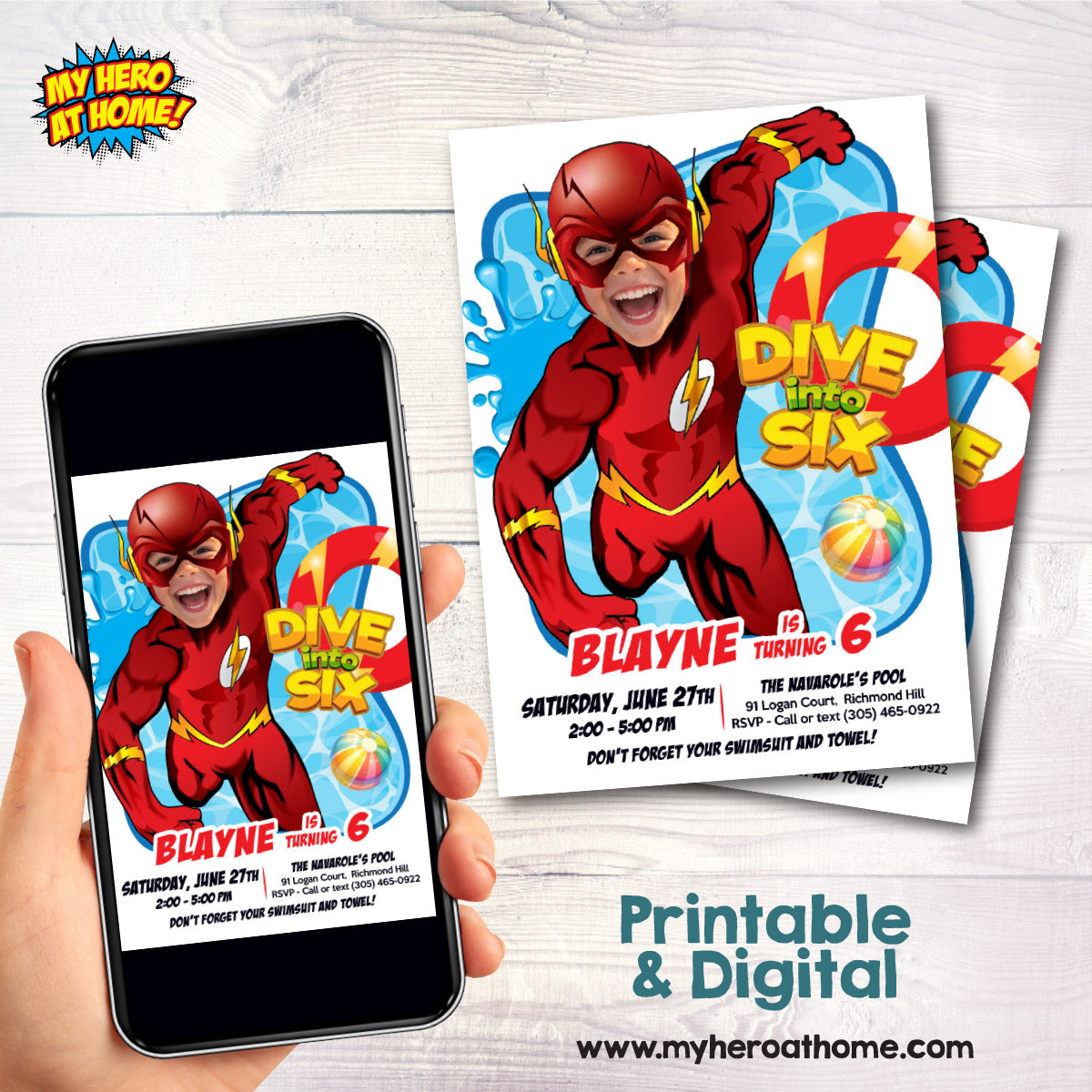 Flash Dive into Age Pool Party Invitation Design with kid as Flash, Flash Diving Party. 2443IN2