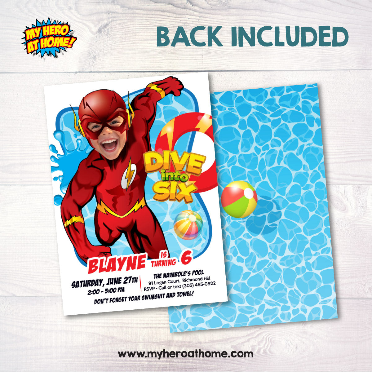 Flash Dive into Age Pool Party Invitation Design with kid as Flash, Flash Diving Party. 2443IN2